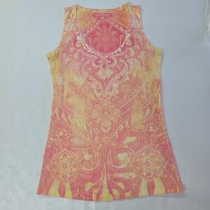 Logix Tank Top Womens Small Pink Yellow Paisley Medallion Scoop Neck Sleeveless‎